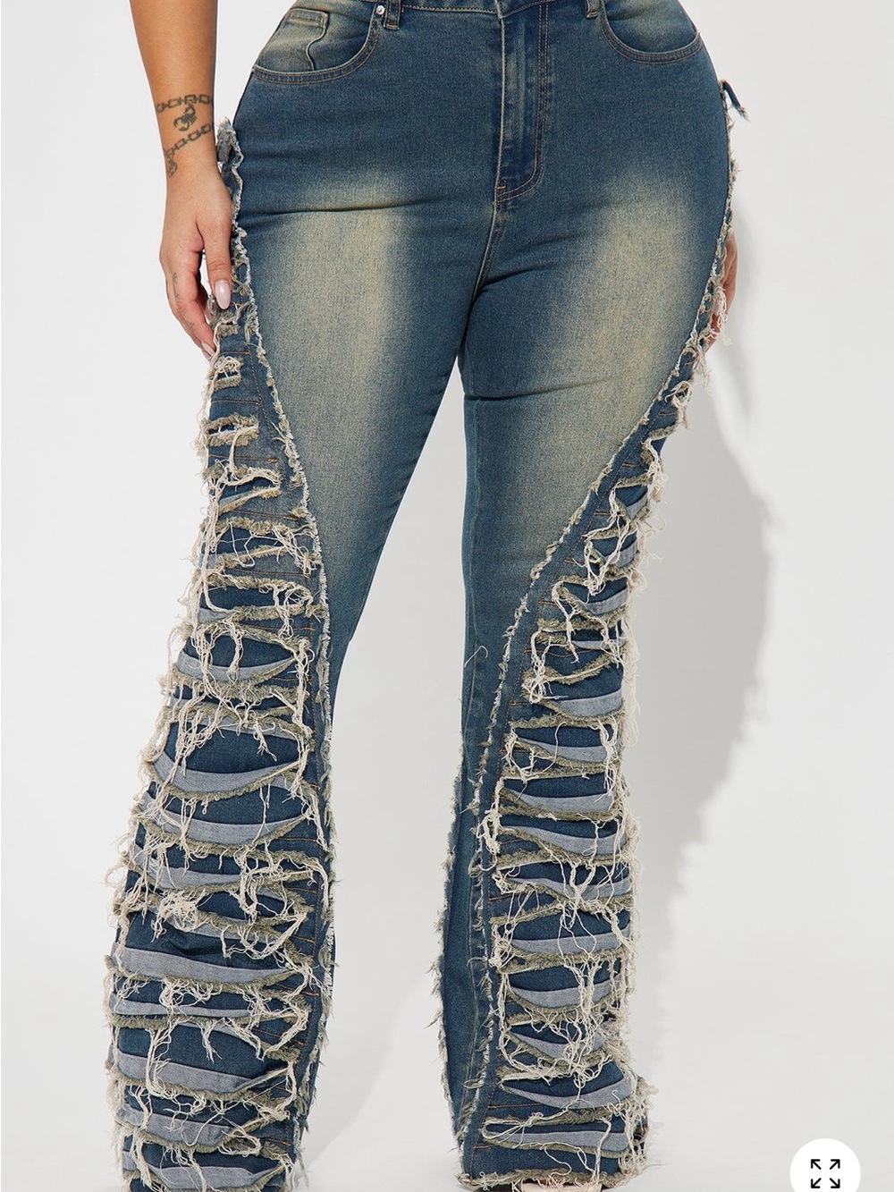 Fashion Nova Washed Blue Distressed Ladder-Front Flare Jeans